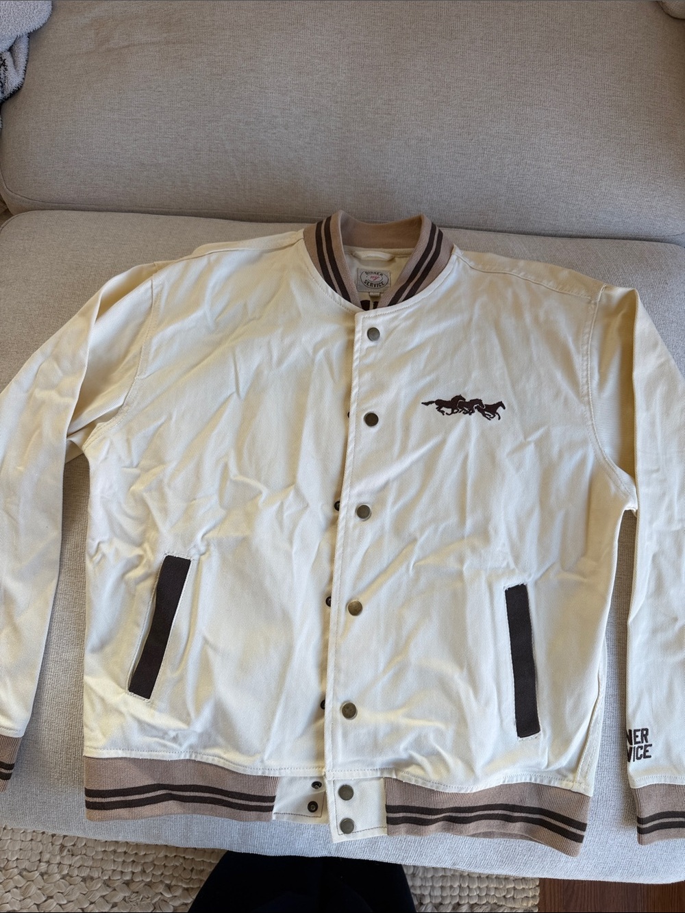 Cream Jean-Style Jacket with Brown Trim